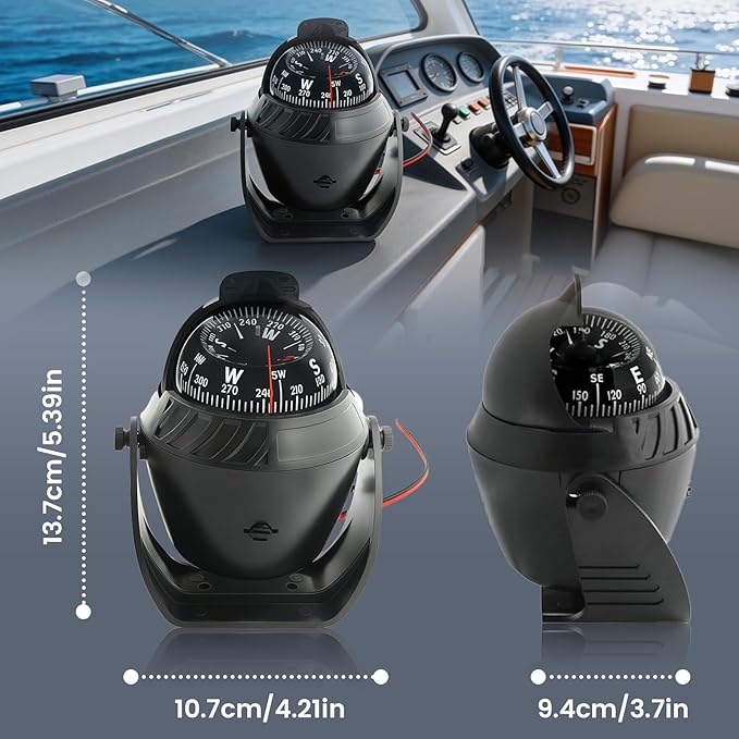Boat Compass with Magnetic Declination Adjustment, Pivoting Marine Compass Multifunction Digital Navigation Dashboard LED Illumination & Backlight for Marine Boat Truck Car