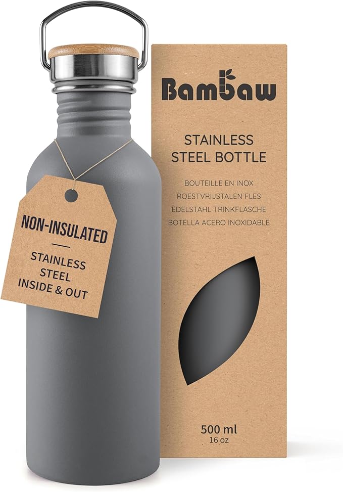 Bambaw 16 oz Water Bottle no Straw, Gray Single Wall Stainless Steel Water Bottle, Non-insulated Reusable Water Bottle BPA Free 16 oz, Small Water Bottle with Handle – Stormy Gray