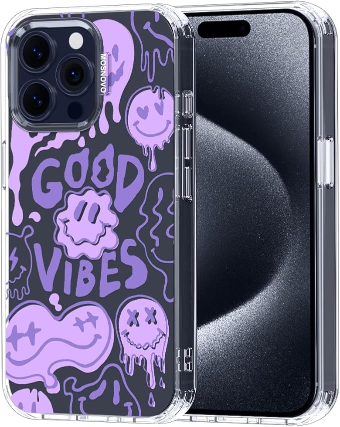 MOSNOVO Case for iPhone 15 Pro Max, [Buffertech 6.6ft Military-Grade Drop Protection] [Anti Peel Off Tech] Clear TPU Bumper Phone Case Cover Design - Good Vibes