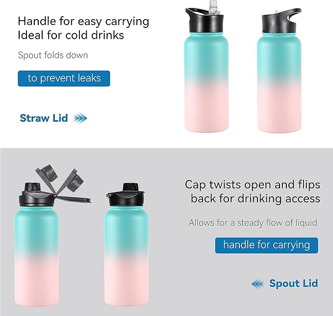 VEGOND 32 oz Insulated Water Bottle Stainless Steel Metal Water Bottles with Leak Proof Straw Lid & Spout Lid, Wide Mouth Double Walled Vacuum Travel Sports Bottle, Green Pink