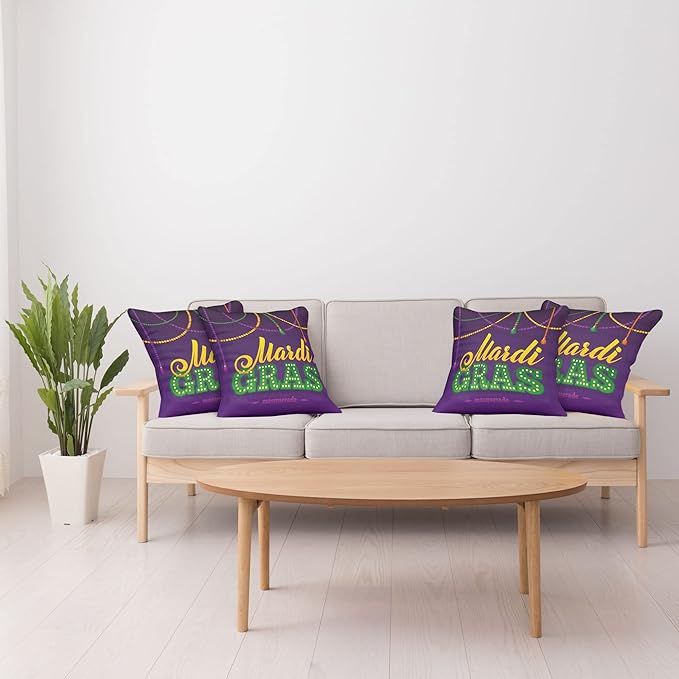 Ambesonne Mardi Gras Throw Pillow Cushion Case Pack of 4, Beads and Tassels Masquerade Theme Calligraphy Design Fun Print, Modern Accent Double-Sided Digital Printing, 18", Purple Marigold
