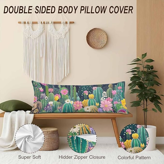 Cactus Decorative Body Pillows for Home, Tropical Cactus Floral Body Pillow Cover Sleeper Pillow Cushion Cover Bedding Body Pillowcase for Man Woman Sofa Patio Shop 20x54 Inch, Green