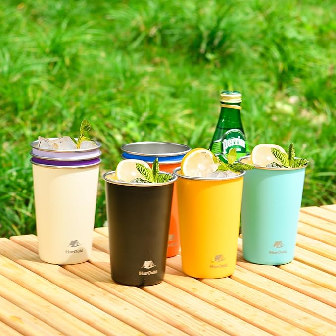 4 Pack Stainless Steel Cups 16oz - Colorful Stackable Metal Drinking Glasses for Camping, Travel, Shatterproof Tumblers