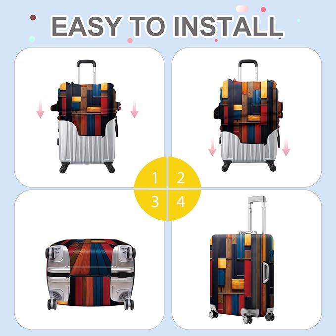 ANNA QUEEN Modern Geometric Wood Luggage Cover, Abstract Panel Suitcase Protector for 20-22 Inch Luggage