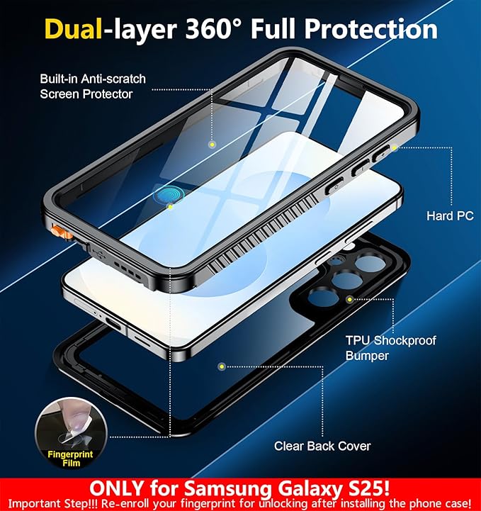 SPIDERCASE Only Designed for Samsung Galaxy S25 Case Waterproof,Built-in [ Screen + Camera Lens Protector][IP68 Underwater] Full Protection Heavy Duty Shockproof Anti-Scratched Phone Case,Black