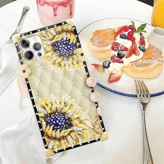 Compatible with iPhone 12 Pro Max Case, Sunflower Diamonds Leather Luxury Golden Decoration for Girl Women Soft TPU Shockproof Protective Hard PC Back for iPhone 12 Pro Max