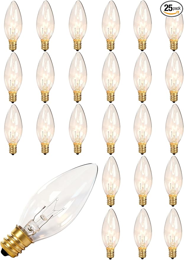 25 Pack Candle Light Bulbs,Crystal Clear Torpedo Tip Candelabra Replacement Bulbs Fit C7/E12 Candelabra Base,7 Watt C26 Replacement Night Light Bulb for Electric Window Candle Lights