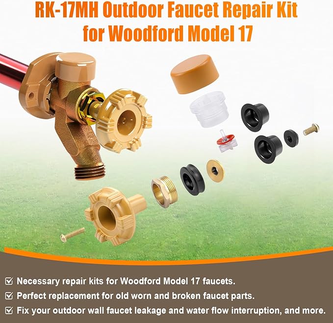 RK-17MH Outdoor Faucet Repair Kit for Woodford Model 17 Outside Faucets Parts Include Wheel Metal Handle Screws Packing Nut Washer Valve Seat Rubber and Vacuum Breaker Float Kits, 12PCS Set