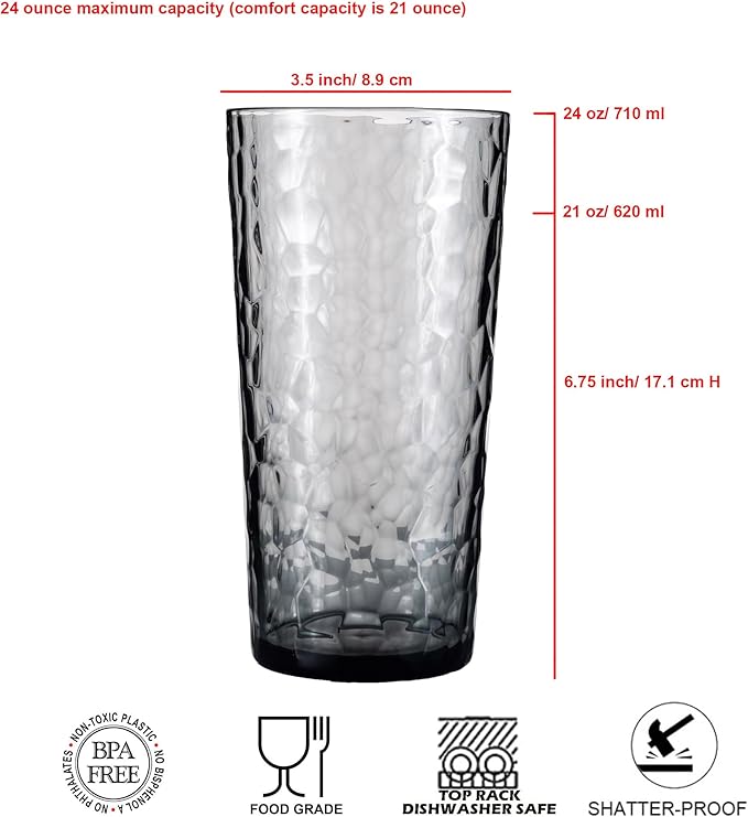 24-ounce Plastic Tumblers, Acrylic Drinking Glasses High-Balls, Reusable Plastic Cups, set of 12 Grey, Hammered Style Stackable, BPA-Free, Shatter-Proof, Dishwasher-Safe