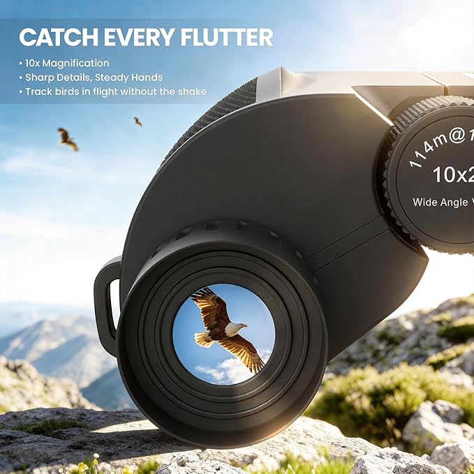 Aurosports Compact Binoculars for Adults and Kids - 10x25 Small Lightweight Binoculars for Bird Watching, Easy Focus for Theater, Cruise & Travel - Ideal Gift with Carrying Case & Strap