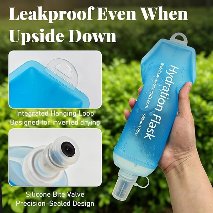 2Pcs 500ml Soft Flask, TPU Collapsible Soft Water Bottle for Hydration Pack, Running Vest, Leak-Proof Folding Water Bottle for Hiking Cycling Climbing Jogging- Blue