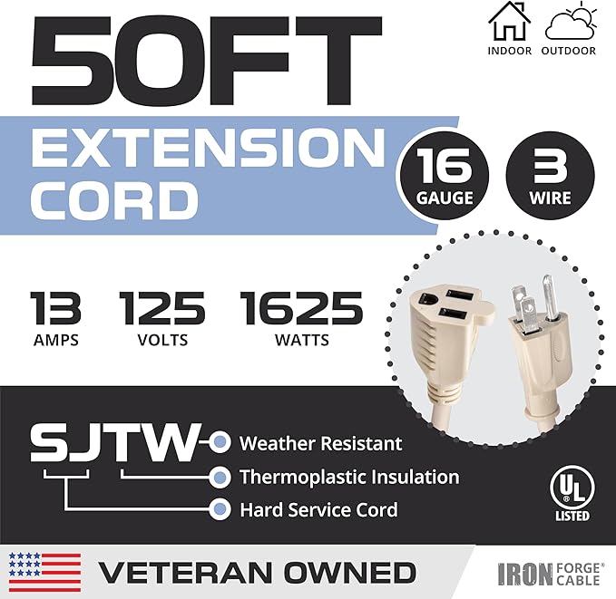 Iron Forge Cable Weatherproof 50 Ft Outdoor Extension Cord - 16/3 SJTW Heavy Duty Light Brown Extension Cord 3 Prong - 13 Amp Exterior Power Cable