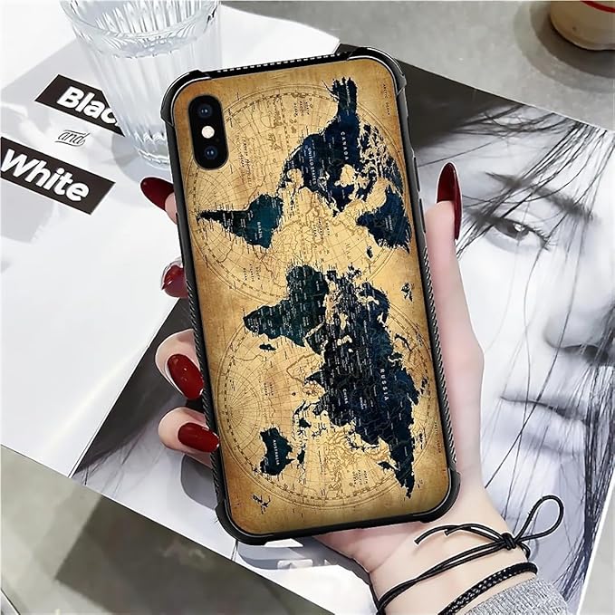 for iPhone Xs Max Case, Brown World Map Pattern Graphic Design Girl Boy Soft Silicone Hard Acrylic Shock Protection for iPhone Xs Max