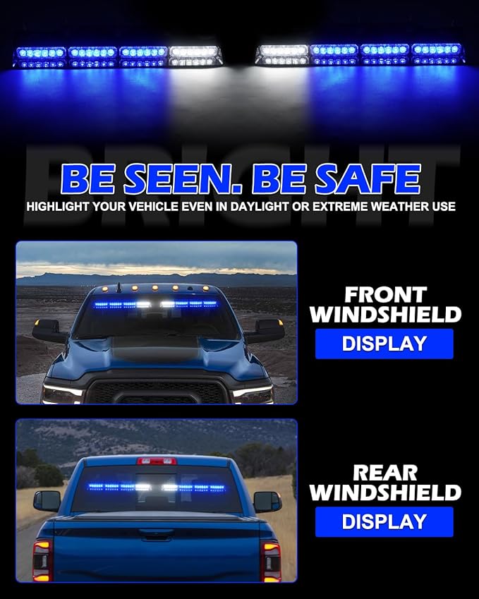 HLauto 604N Emergency Dash Strobe Lights: 2x16.8 inch Blue Security Light w/Take Down, 48 LED Safety Flashing Warning Hazard Interior Windshield Light Bar for Trucks Vehicles