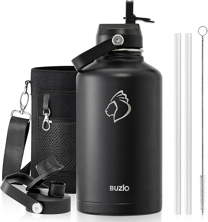 BUZIO Vacuum Insulated Stainless Steel Water Bottle 64oz (Cold for 48 Hrs/Hot for 24 Hrs) BPA Free Double Wall Travel Mug/Flask for Outdoor Sports Hiking, Cycling, Camping, Running