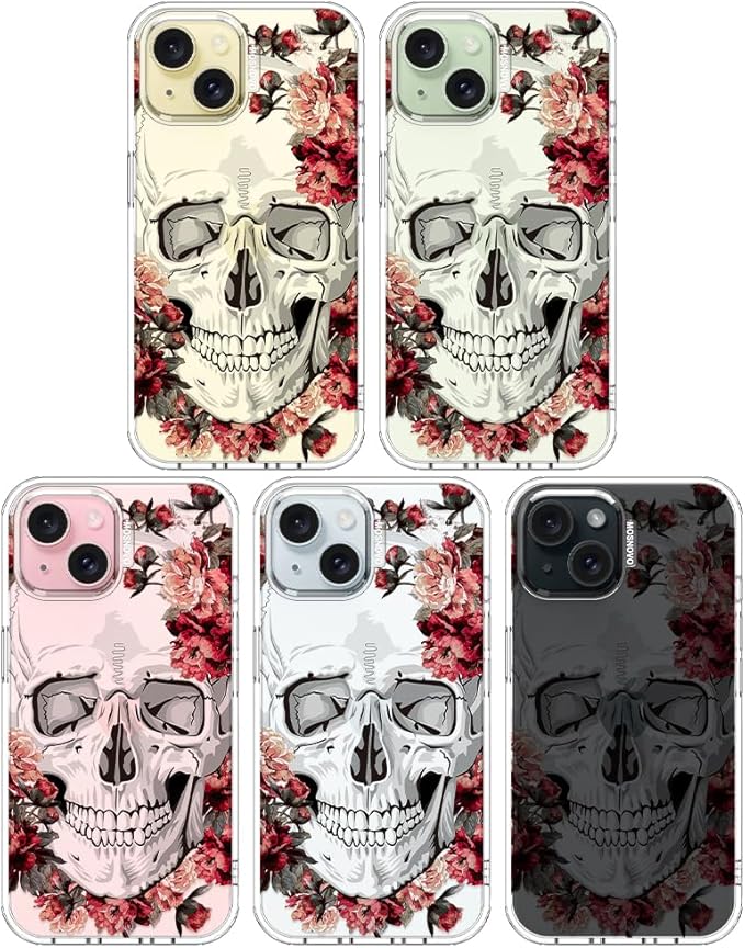 MOSNOVO Case for iPhone 15 Plus/iPhone 14 Plus, [Buffertech 6.6ft Military-Grade Drop Protection] [Anti Peel Off Tech] Clear TPU Bumper Phone Case Cover Design - Red Flower Skull