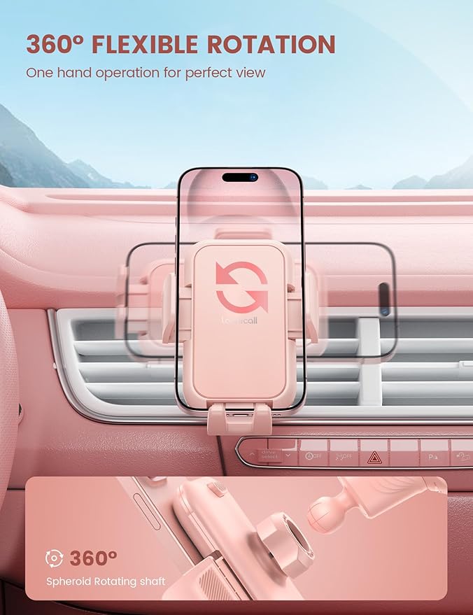 Lamicall 2026 Wider Clamp & Metal Hook Car Phone Holder Vent [Thick Cases Friendly] Phone Holders for Your Car Mount Automobile Hands Free Cradle Air Vent for iPhone 17 16 15 14 13 Pro Max Pink