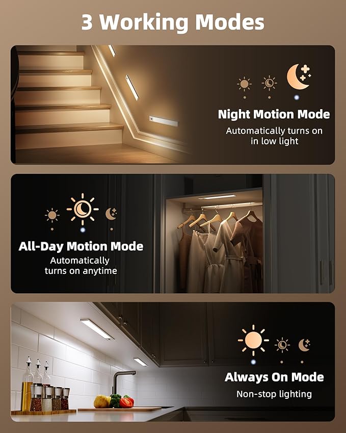 EZVALO 4-Pack Under Cabinet Lights, 2400mAh Rechargeable Motion Sensor Light Indoor, Wireless Closet Lights, with 3 Color Temps, Dimmable, Magnetic, Under Counter Lights for Kitchen, Stairs (8-inch)