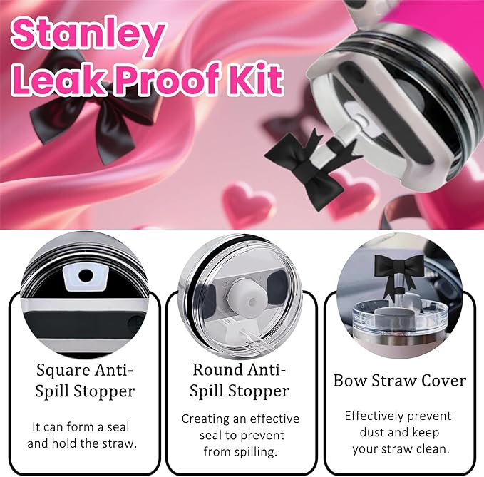 MOTEERLLU 6pcs Black Stanley Cup Accessories Set, Bow Straw Topper for Stanley Cup 30oz 40oz, Including Straw Topper and Bow Silicone Boot, Stoppers Spill Proof, Handle Charm, Initials Sticker