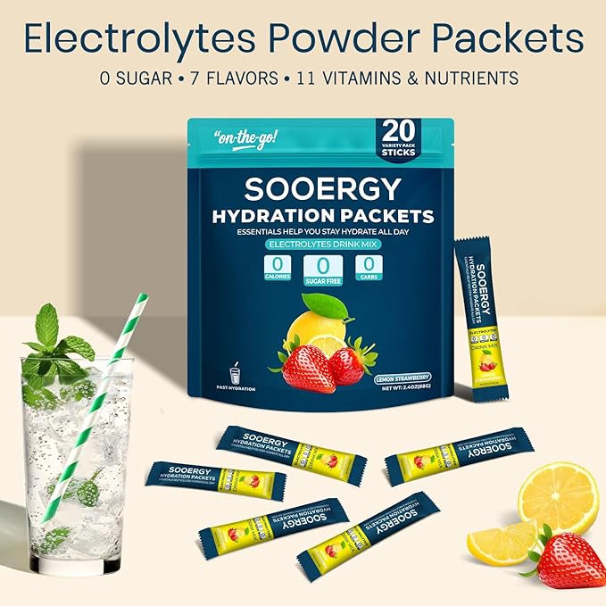 Electrolytes Powder Packets Sugar Free Hydration Packets, Liquid Daily IV Electrolyte Drink Mixex for Rehydration with Electrolytes, Vitamins, 0 Calorie, Lemon Strawberry Flavor, 20 Sticks