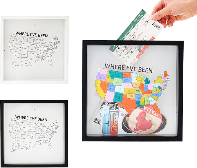 Where I've Been US Map Wooden Shadow Box Frame Wall Decoration, Travel Adventure Archive Box Tickets , 50 States Travel Map USA Map Tracker (Black 10.6” x 10.6” )