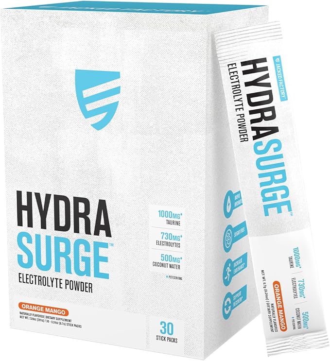 Jacked Factory Hydrasurge Electrolytes Powder Packets - Sugar Free & Naturally Sweetened Hydration Packets - Keto & Vegan Friendly, Easily Dissolves - 30 Stick Packs, Orange Mango