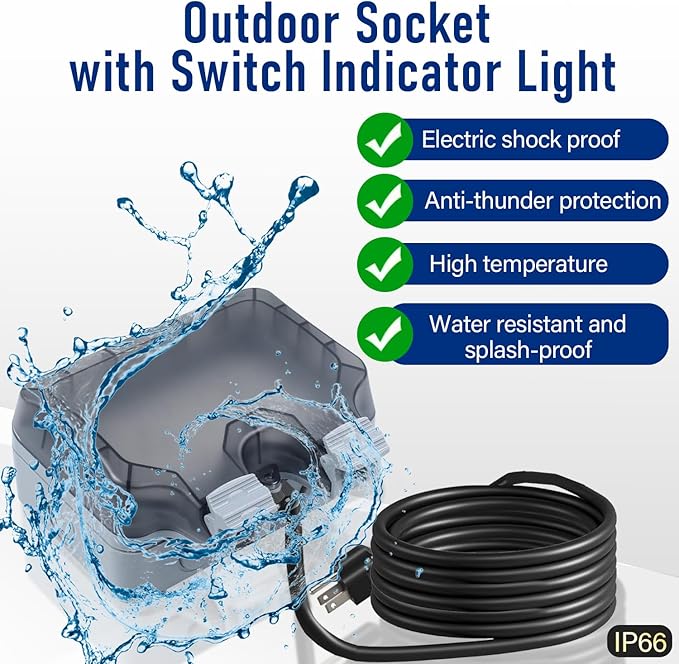 Outdoor Power Outlet Box with 32.8Ft Extension Cord, NEMA 5-15R, STW 14 AWG, Weatherproof Waterproof IP66 Electrical Outlet Extender, Exterior Wall Power Socket w/Cover for Garden