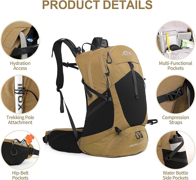 IX INOXTO Hiking Backpack, 26L/40L Waterproof Hiking Daypack with 3L Water Bladder and Rain Cover, Lightweight Travel Camping Backpack for Men Women (Khaki)
