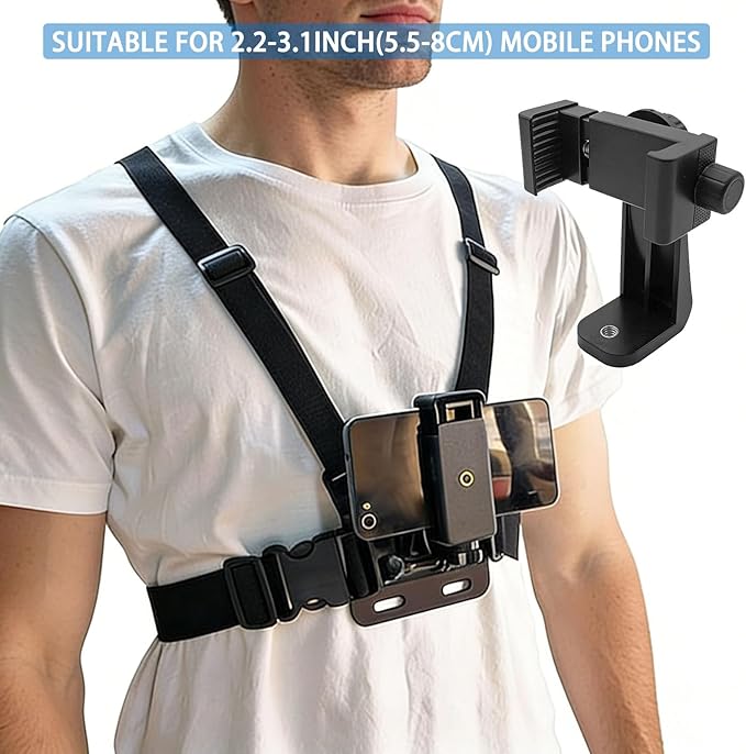 Adjustable Mobile Phone Chest Strap Harness Mount, Black, Compatible with iPhone, GoPro Hero, DJI Osmo Action Cameras