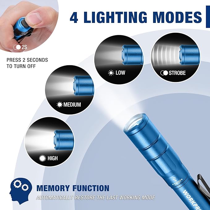 WORKPRO Rechargeable Pen Light, Mini Flashlight, 2 Pack Ultra-Compact EDC Flashlight, Pocket Flashlight with Clip, Memory Function and 2 x USB C Cable Included, Blue