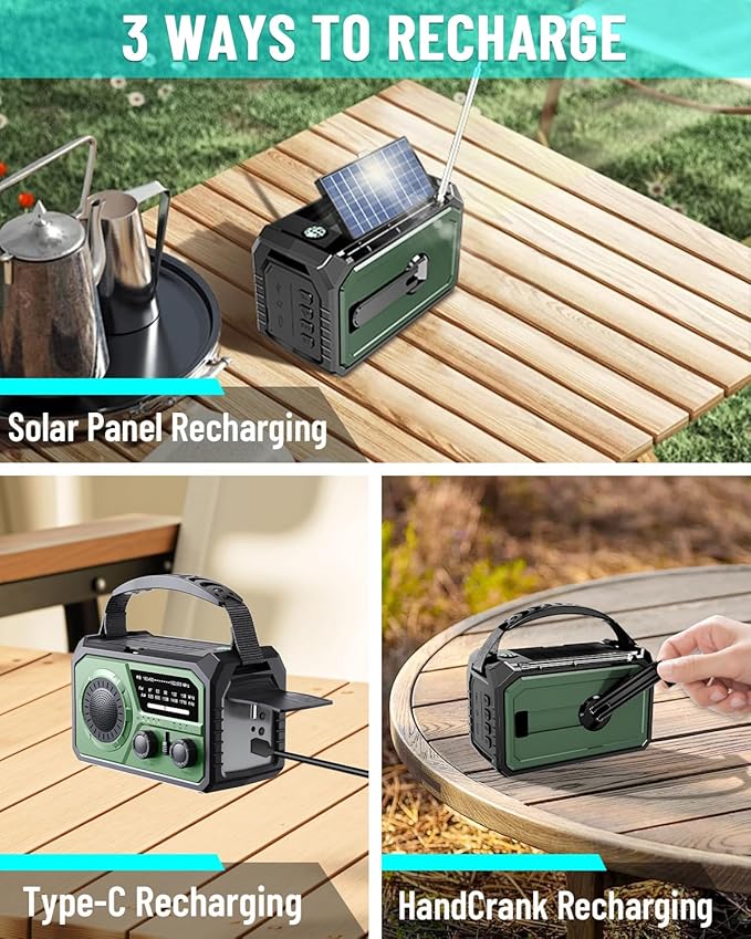 16000mAh Emergency Weather Radio, AM/FM/NOAA Weather Alert Radio Hand Crank/Solar/Type-C Fast Rechargeable Outdoor Radio with Reading Lamp/SOS Alarm/3 Mode Flashlight/Power Bank(Green)