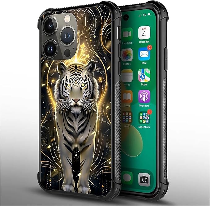 for iPhone 14 Pro Max Case, White Tiger Golden Mystery Pattern Graphic Design Girl Boy Soft Silicone Hard Acrylic Shock Protection for iPhone 14 Pro Max