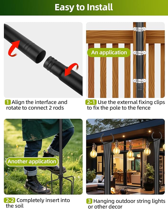 String Light Poles for Outside 4 Pack, 10ft Metal Outdoor String Light Poles for Deck - Ideal for Patio, Garden, Yard, Front Porch Decorations, Black