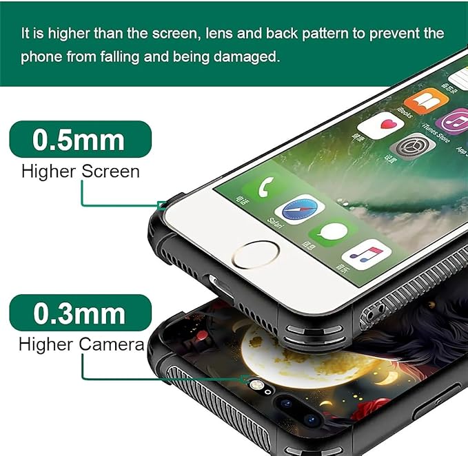 Case for iPhone 7 Plus/8 Plus, Black White Wolf Moon Flower Rose Pattern, Soft Silicone Hard Acrylic for Shock Protection