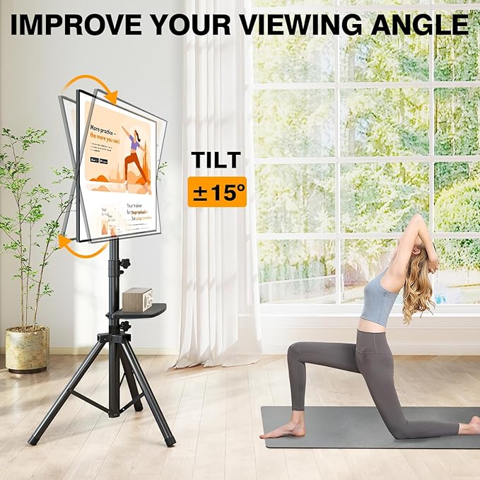Tripod TV Stand with Shelf for 23-75 inch TVs up to 100 lbs, Outdoor TV Stand with ±15° Tilt, Height Adjustable Portable TV Tripod with Safety Design, Max VESA 600x400m