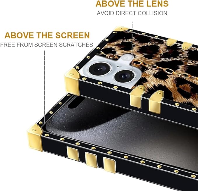 Compatible with iPhone 16 Plus Case, Seamless Gold Chain Leopard Luxury Golden Decoration for Girl Women Soft TPU Shockproof Protective Hard PC Back
