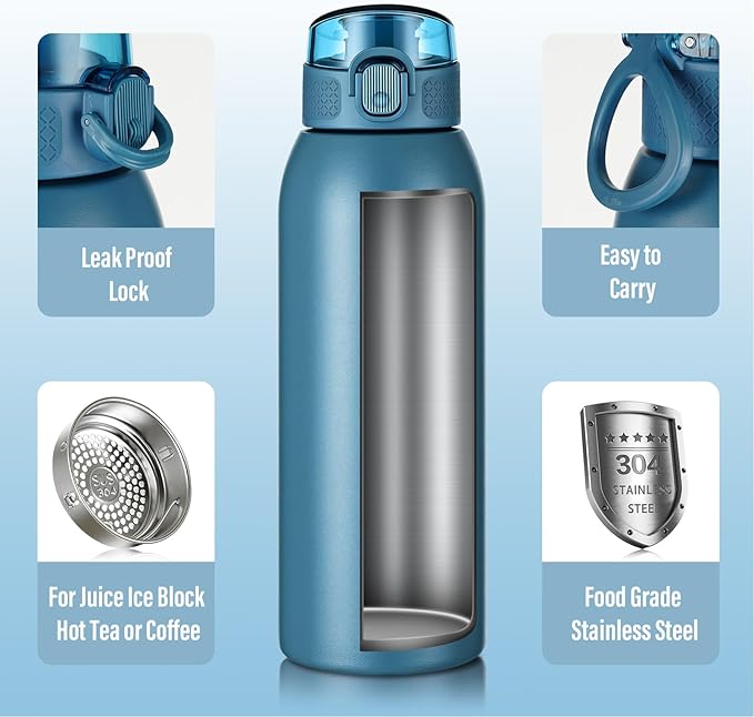 Insulated Water Bottle 24 oz with Dustproof Lid, Carry Handle & Tea Infuser, BPA-Free & Leakproof, Stainless Steel Water Bottles Ideal for Fitness, Hiking, Office & Outdoor Use （Navy Blue ）