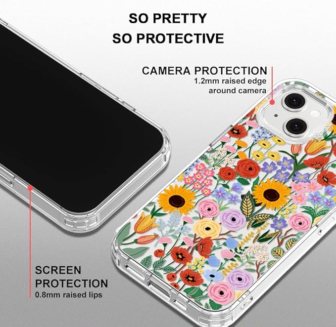 MOSNOVO for iPhone 13/14 Case | Military Grade 6.6ft Drop Tested | Clear with Blossom & Bloom Design