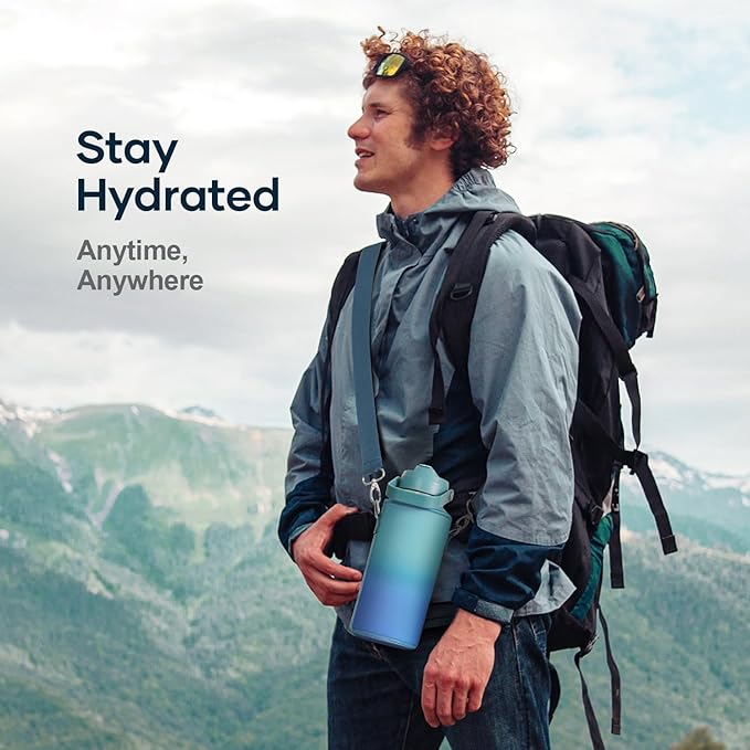 BUZIO 32 oz Water Bottle Insulated, Leakproof Stainless Steel Flask (Cold for 48 Hrs), Wide Mouth BPA-Free Metal Thermo Hydro Canteen with 2 Lids, Gradient Cyan