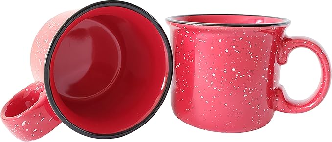 14oz Ceramic Campfire Coffee Mug (Set of 4), Red with Speckled Finish - Durable Thick Walled Camping Style Cup for Outdoors or Home