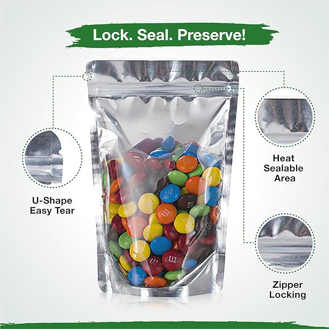 BELLE KR® 4x6 Mylar Bags for Food Storage with 7.5mil Thick - Pack Of 200 - Stand Up Clear Mylar Bags with See Through Window - Small 1/2 Pint Pouches for Freeze Dried Candy - Labels Included