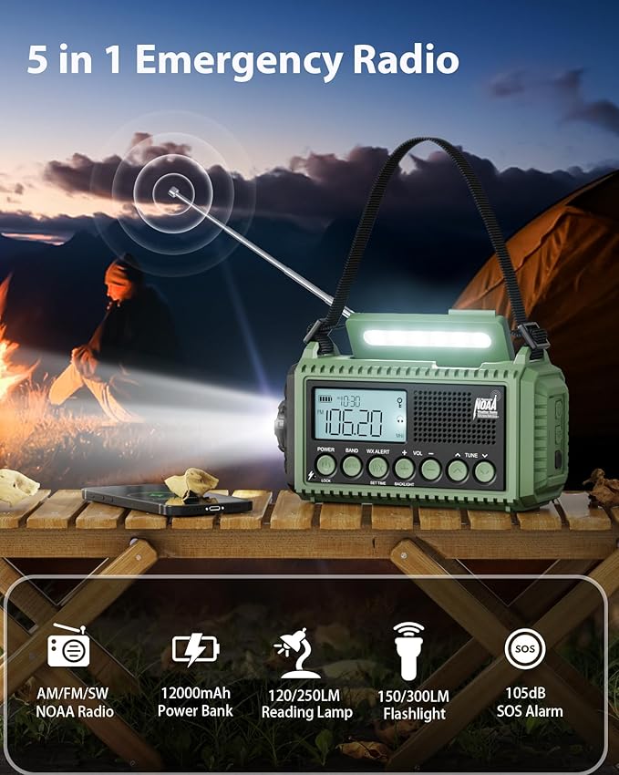 Emergency Weather Radio, Hand Crank 12000mAh Battery Powered Auto Alert NOAA Radio,130H Runtime, LCD Digital Display, SOS, Flashlight,Phone Charger, Solar Portable AM/FM/SW Radio for Emergency/Outdoor