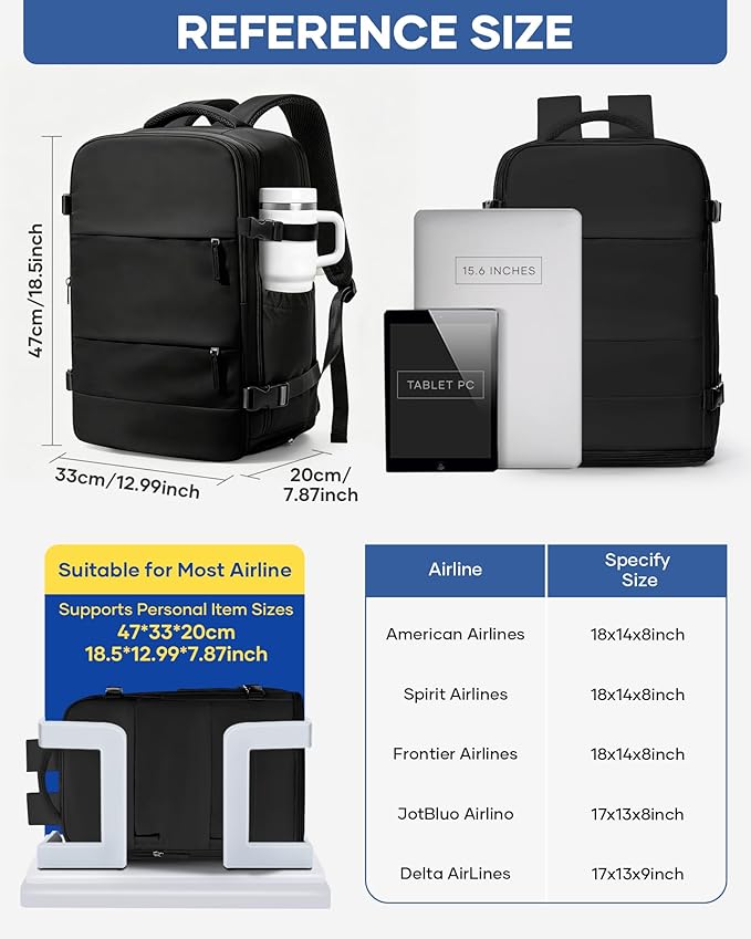 Vacuum Backpack Travel with Pump,Large Travel Backpack with Vacuum System,Mochila compresion al vacio,Flight Approved 18x14x8,Waterproof Carry on Personal Item Laptop Backpacks,Black
