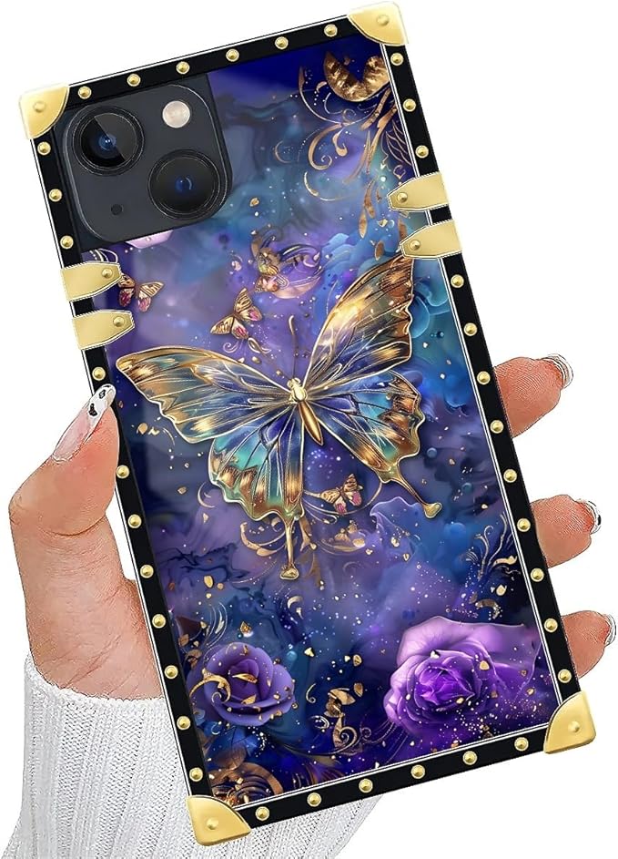 Compatible with iPhone 15 Case, Glistening Golden Butterfly Vibrant Purple Blue Luxury Golden Decoration for Girl Women Soft TPU Shockproof Protective Hard PC Back for iPhone 15