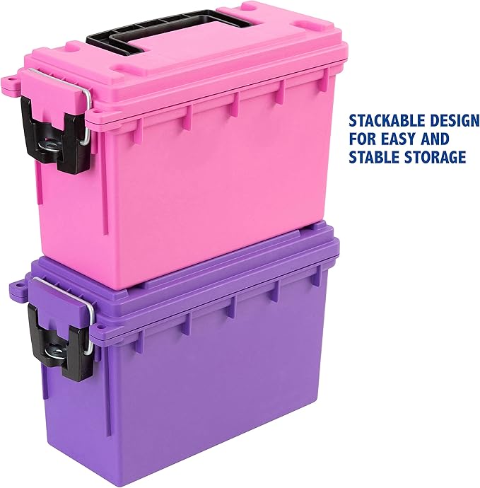 Sheffield 12631 Ammo Storage Box, Stackable .30 Cal Field Boxes, Water and Dust Resistant, Lockable Storage Box with Handle, Secures Hunting Gear, Supplies, and Bullets, Made in USA, Pink, (Pack of 6)