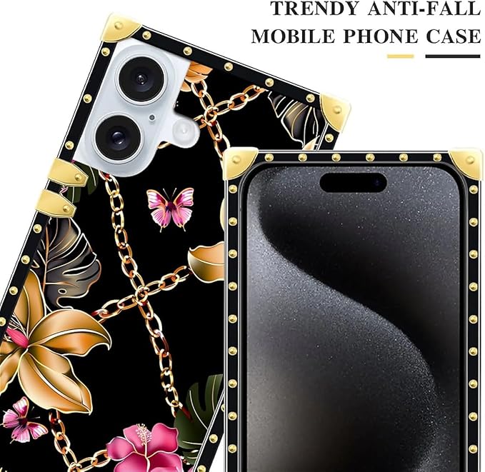 Compatible with iPhone 16 Plus Case, Pink Golden Chain Tropical Flower Luxury Golden Decoration for Girl Women Soft TPU Shockproof Protective Hard PC Back