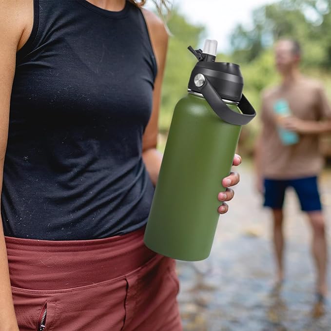 Fijinhom 32oz Insulated Stainless Steel Water Bottle, Wide Mouth Double Wall Vacuum, Silicone Straw, Sweat & Leak Proof, BPA Free Insulated Water Flask for Travel, Keep Cold 24h Hot 12h, Green
