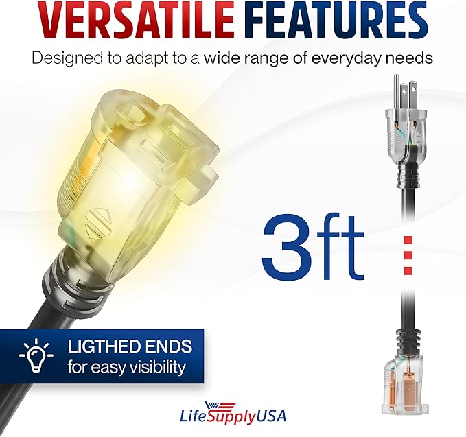 3ft Outdoor/Indoor Extension Cord 10/3 Gauge Ultra Heavy Duty 3 Prong SJTW, Waterproof, Flexible Cold-Resistant Long Power Cord,15A 125V 1875W, Black by LifeSupplyUSA
