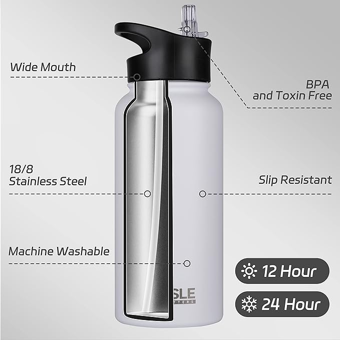 HASLE OUTFITTERS 32 oz Insulated Water Bottle Stainless Steel Double Walled Vacuum Sports Water Bottle with 2 Lids (Straw and Spout Lid) for Gym Camping Hiking(White,8)