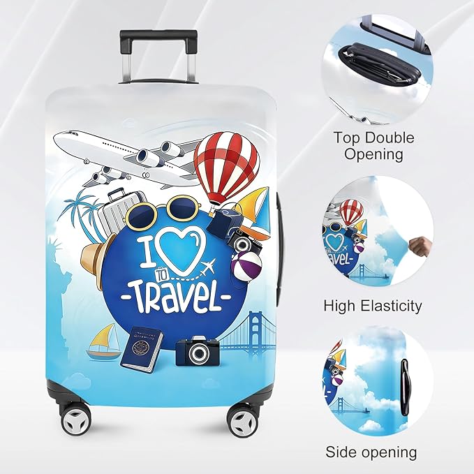 ANNA QUEEN I Love Travel Themed Luggage Cover,Stretchable Suitcase Protector Sleeve,Fit for 20-22 Inch Checked Baggage,Water Resistant & Durable Luggage Protector